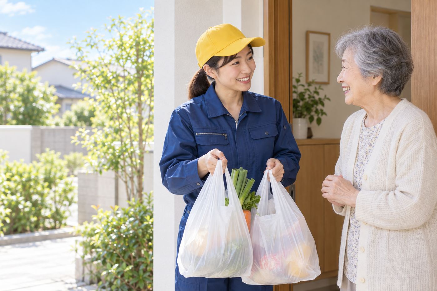 玄関先で高齢の女性と話す、買い物袋を持った女性スタッフ