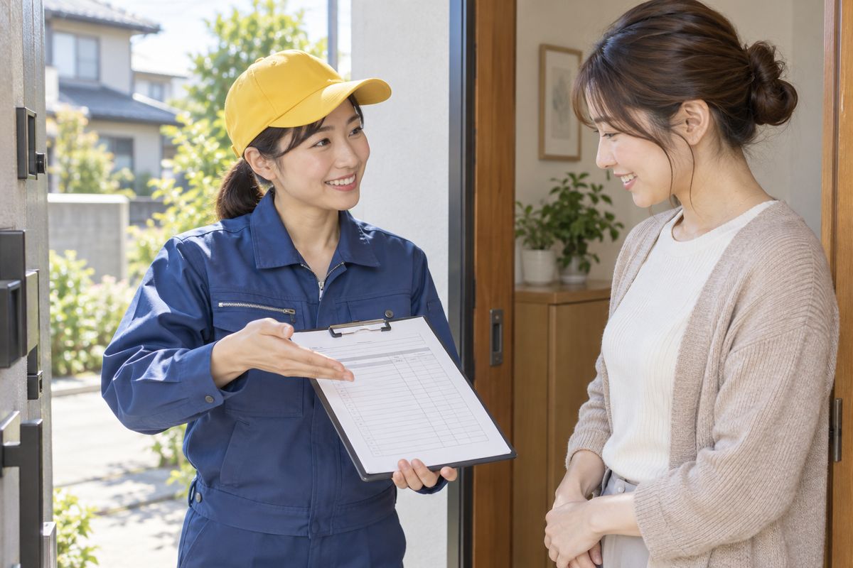 玄関で見積書を見せながらお客様に説明する女性スタッフ