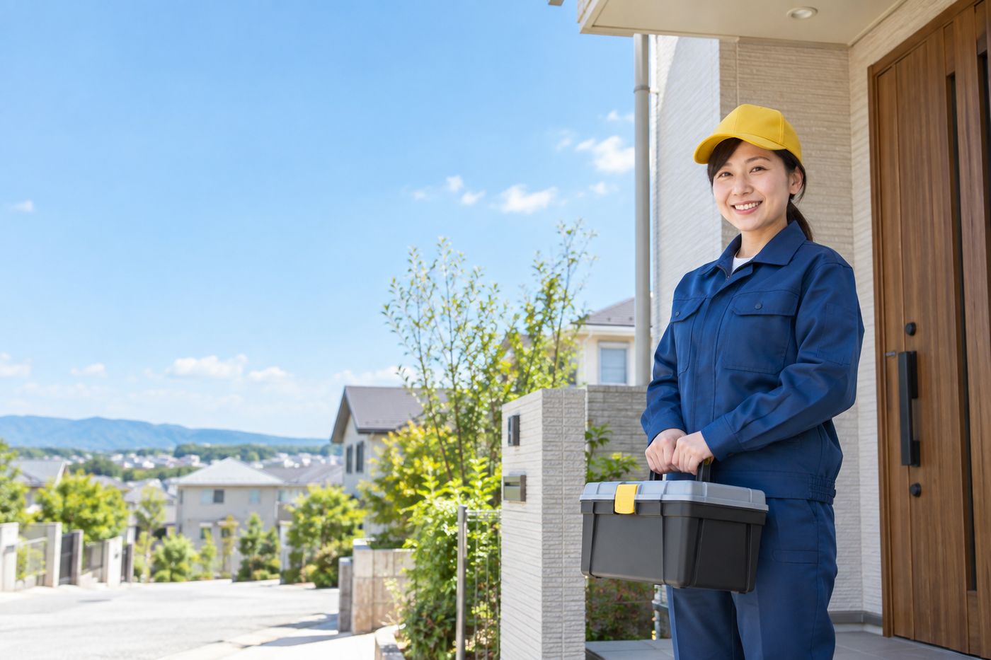 工具箱を持って玄関先であいさつする女性スタッフ