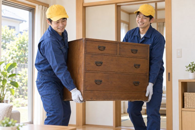 部屋からタンスを運び出すスタッフ